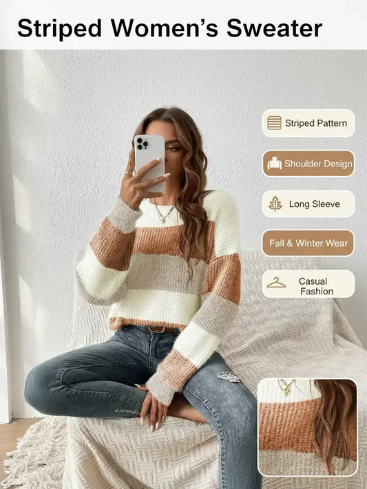 Women's Striped Sweater, Casual Drop Shoulder Long Sleeve Loose Jumper, Knitted Top for Fall & Winter, Women's Fashion Clothing for Everyday Wear, Womenswear, Knitwear