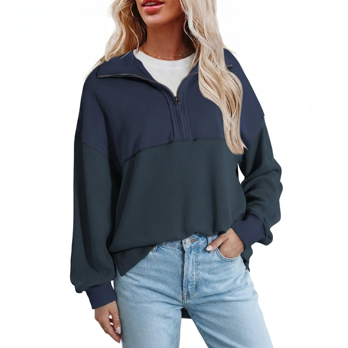 Shewin Women's Half-Zip Waffle Knit Collared Neck Longsleeves Pullovers - Oversized Cotton Polyester Soft Casual Tops for Sports, Plus Size Tops 2XL (Back to School, Vacation Use)