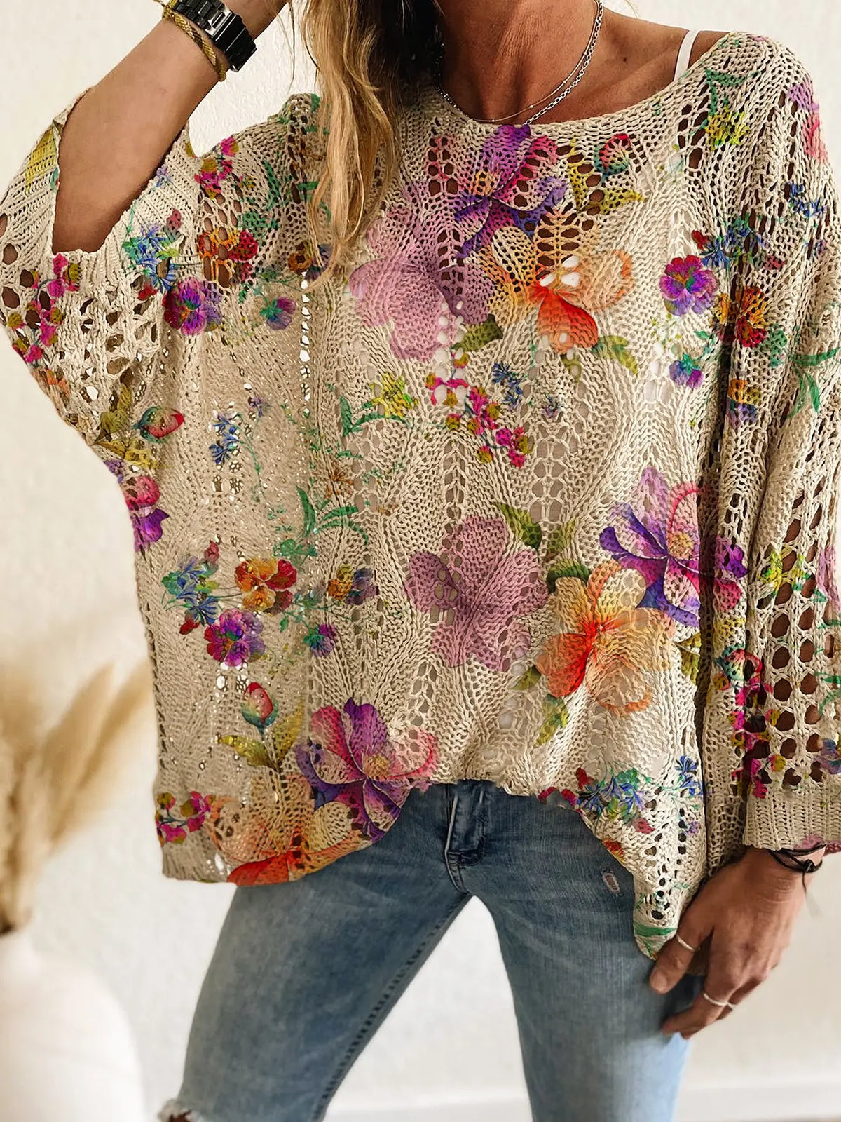 Elegant Women's Floral Print Batwing Sleeve Knit Top, Loose-Fit Knitwear, Ideal for Spring, Summer & Fall, Ladies Casual Fashion Wear