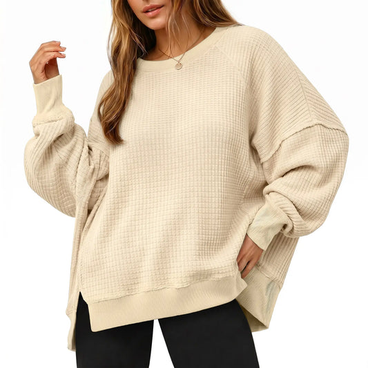 FISOEW Women's Oversized Crewneck Sweatshirt Casual Waffle Knit Pullover Tunic - Breathable Soft Long Sleeve Drop Shoulder with Side Slits, Spring & Fall Casual Everyday, Plus Size Friendly, Cute Tops