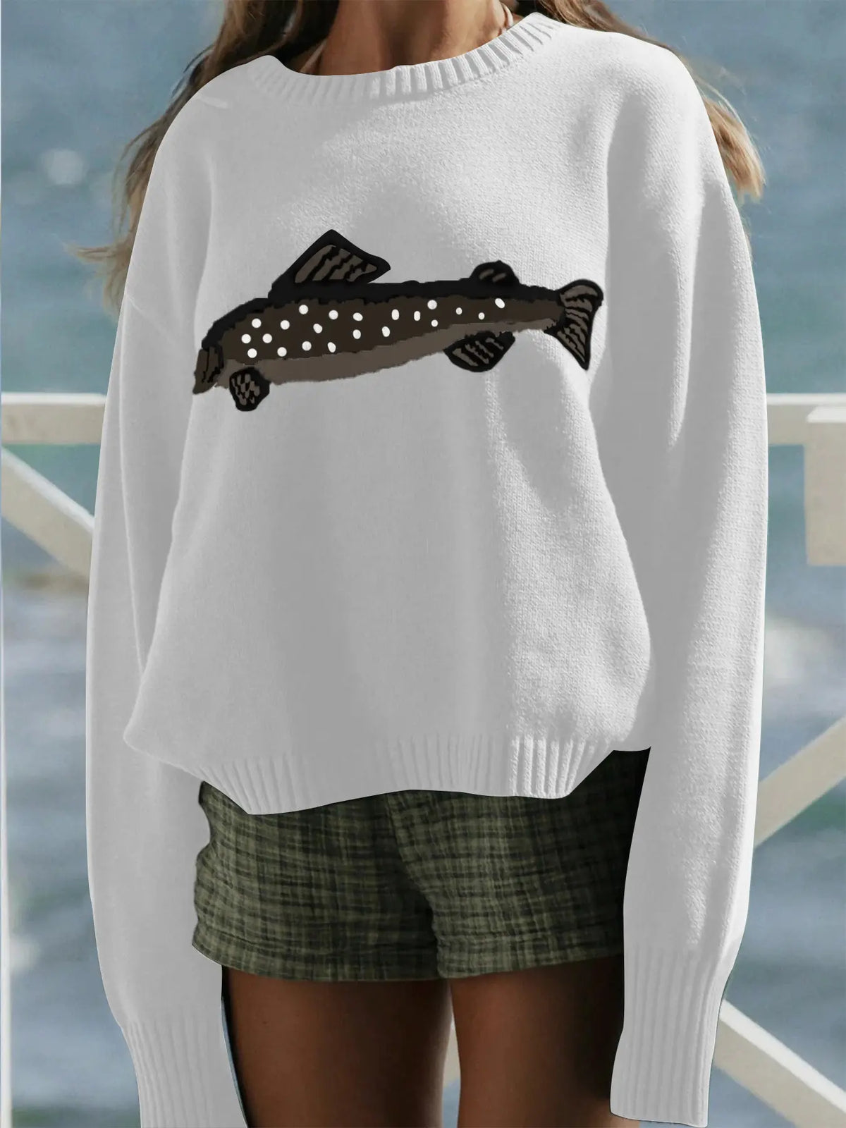New Fashion Women's Sweater Tops, Autumn Winter Loose High Elastic Fit Round Neck Long Sleeve Pullover Animal Fish Pattern Knitwear, Casual Everyday Wear Fall Winter Knit