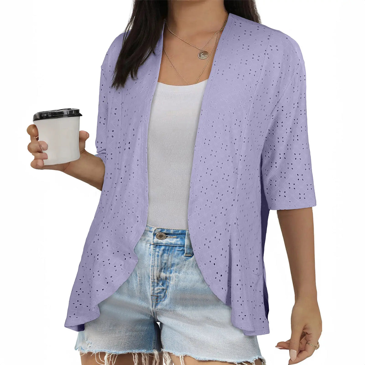 Eytino Plus Size Cardigan for Women Half Sleeve Netted Knit Ruffle Kimono Cover up Tops 2026 Spring Clothes(1X-5X)