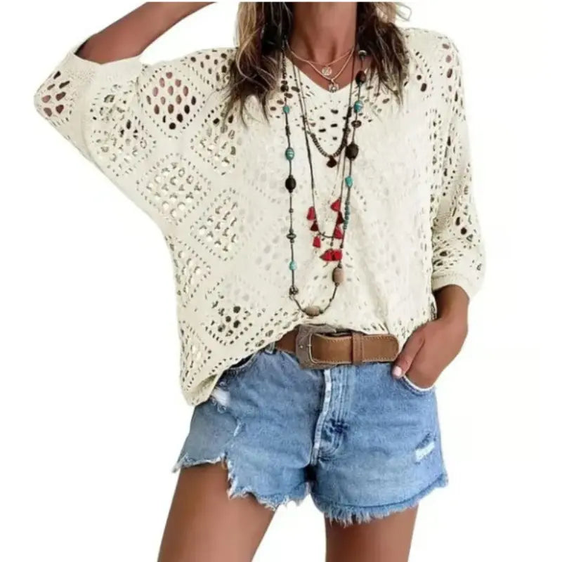 Summer V-neck Rhombus Hollow Bat Sleeve Women's Sweater Blouse Knitted Women's Clothing