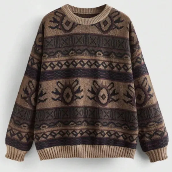 Women's Geometric Pattern Drop Shoulder Sweater, Knitwear Oversized, Fairycore, Long Sleeve Round Neck Sweater Casual Comfort Fit Womenswear