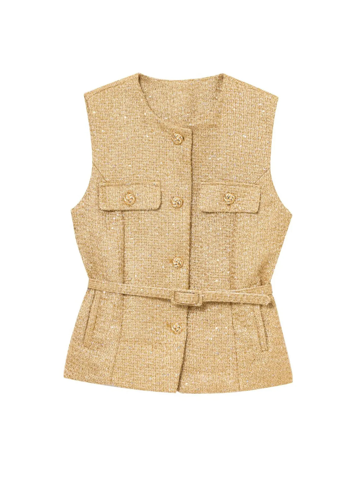 Women's Elegant Chic Belted Vest, Round-Neck Sleeveless Single-Breasted Fitted Top, Vintage Commuter Style for Casual Daily Wear