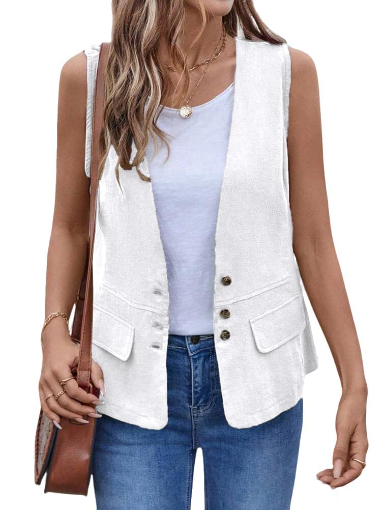 IDEALSANXUN Womens Cotton Linen Vest Casual Lightweight Button Down Sleeveless Jackets Tops