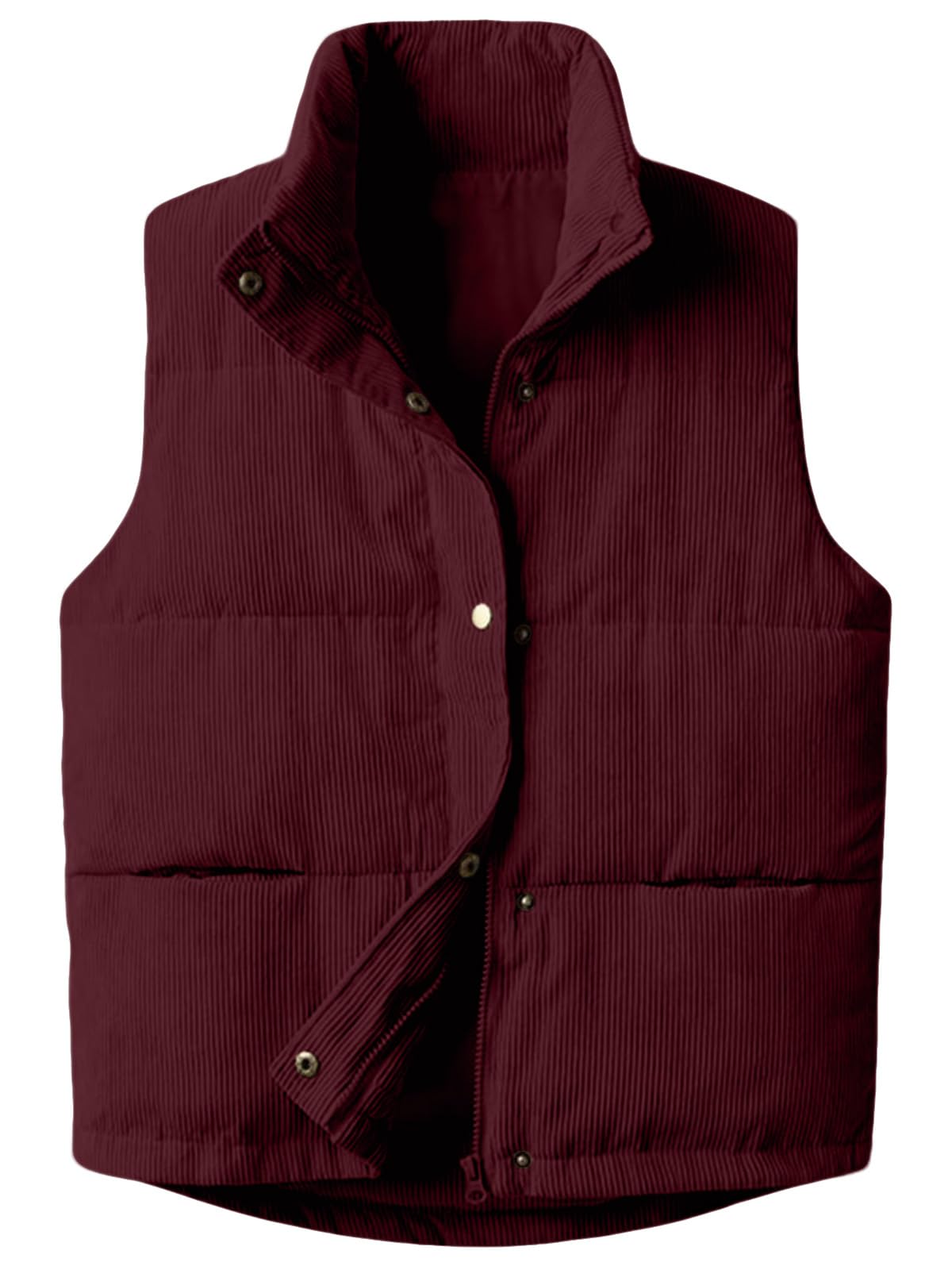 Womens Corduroy Puffer Vest Stand Collar Zip Snap Button Sleeveless Warm Waistcoat Padded Gilet