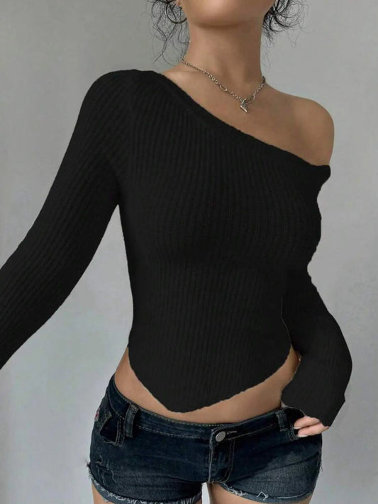 Women's Plain Asymmetrical Neck Crop Sweater, Casual Long Sleeve Asymmetrical Hem Jumper for Spring & Fall, Fashion Basic Women's Knitwear Fabric for Daily Wear, Womenswear Tops, Knit Sweaters
