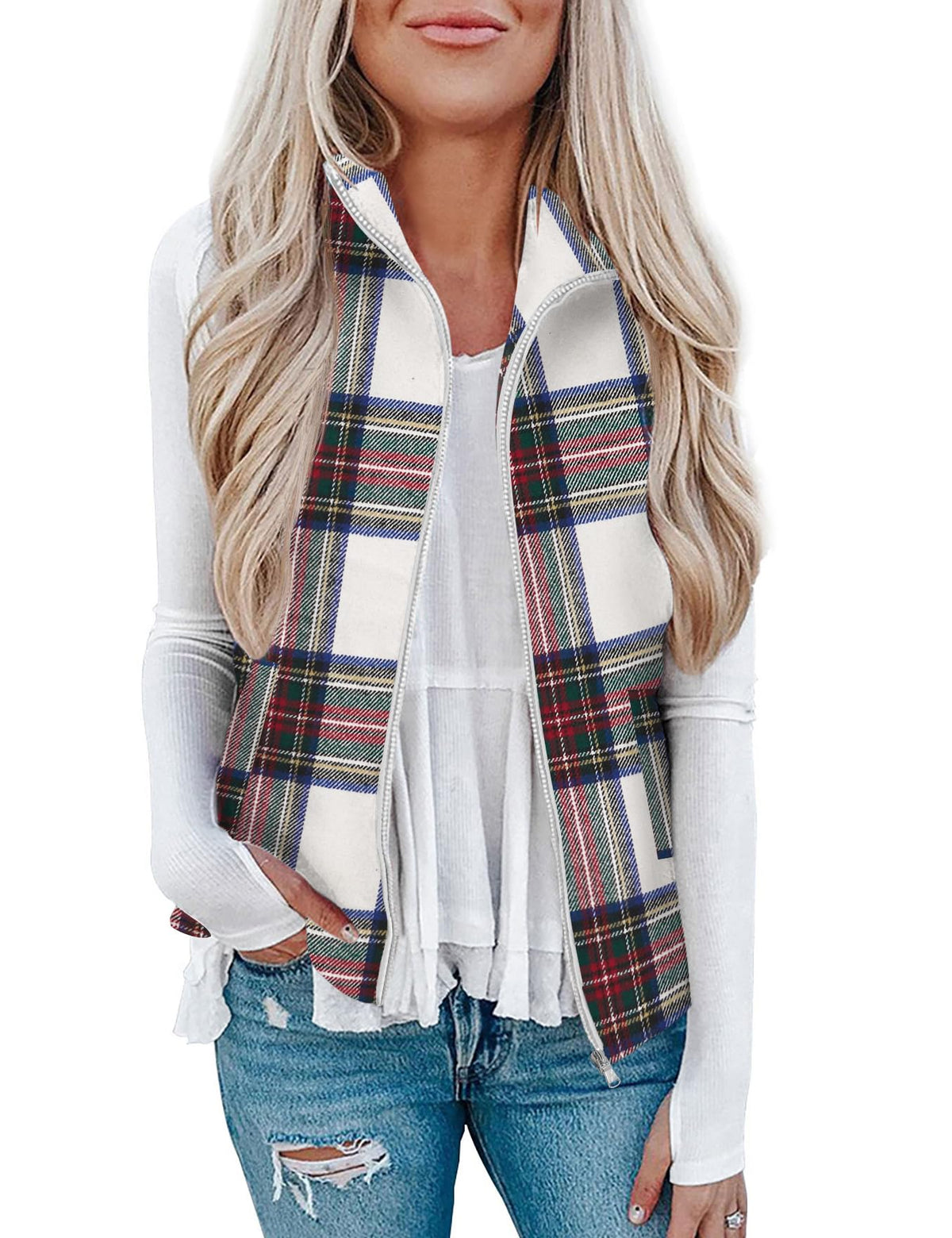 Rapbin Women's Plaid Outerwear Vests Tops Zip Up Collared Sleeveless Jacket with Pockects