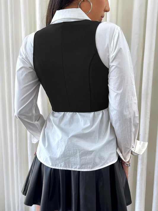 SweatyRocks Women's Solid Button Front Crop Waistcoat V Neck Vest Tops