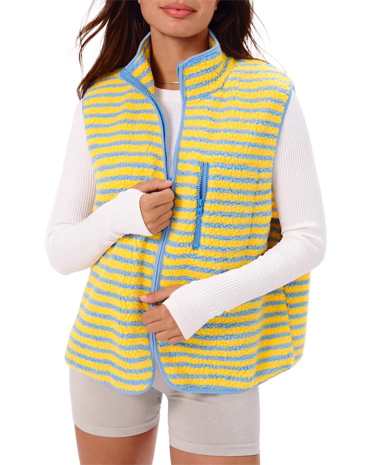 Gacaky Women's Sherpa Fleece Striped Vest Stand Collar Sleeveless Jacket
