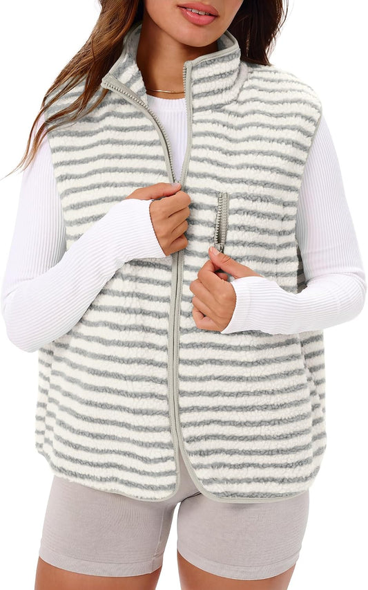 Gacaky Women's Sherpa Fleece Striped Vest Stand Collar Sleeveless Jacket