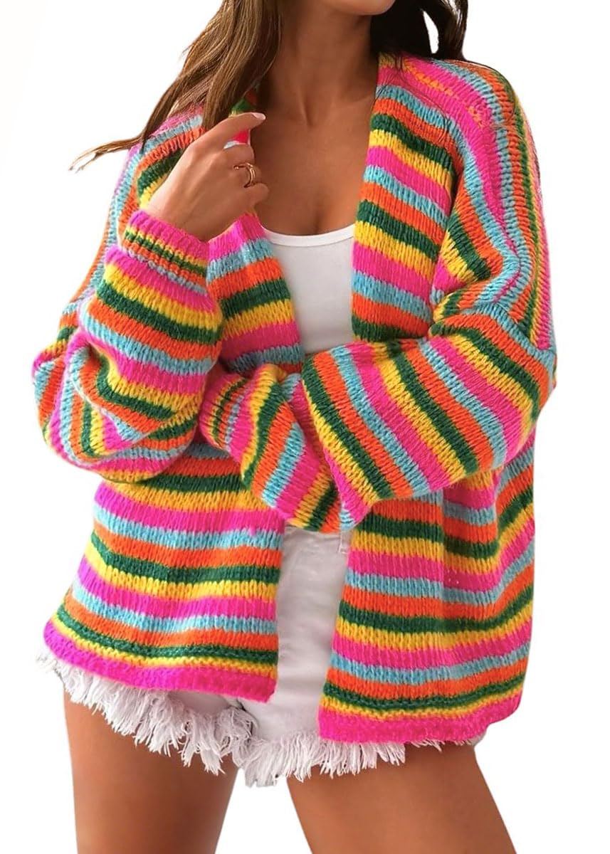 chouyatou Women's Fall Contrast Color Striped Cardigan Sweater Open Front Chunky Knit Cardigan Jacket