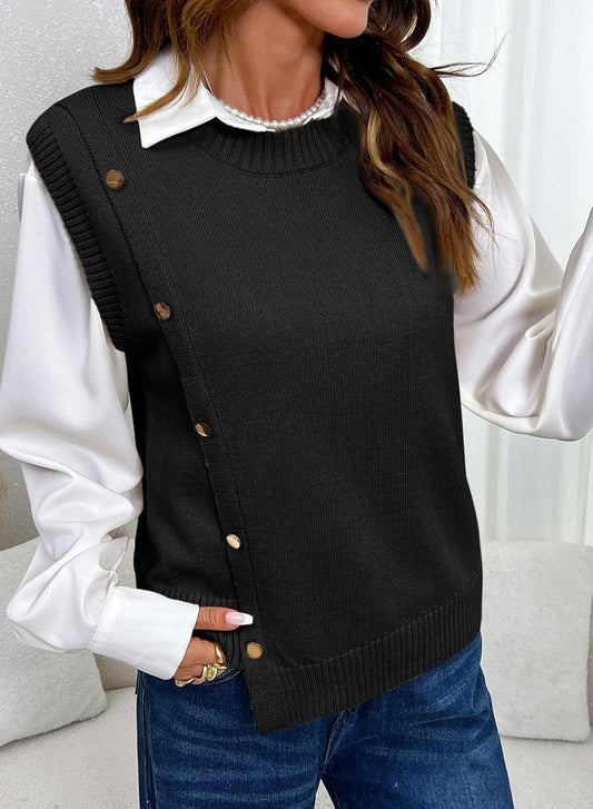 Pink Queen Women's Sleeveless Pullover Button Decor Knit Sweater Vest