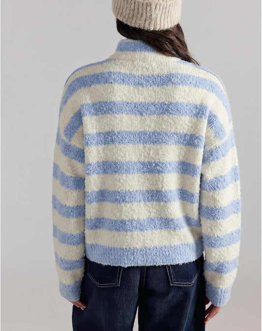 Womens Striped Cardigan Casual Long Sleeve Stand Collar Button Down Sweater Tops Lightweight Fall Fashion Knitwear