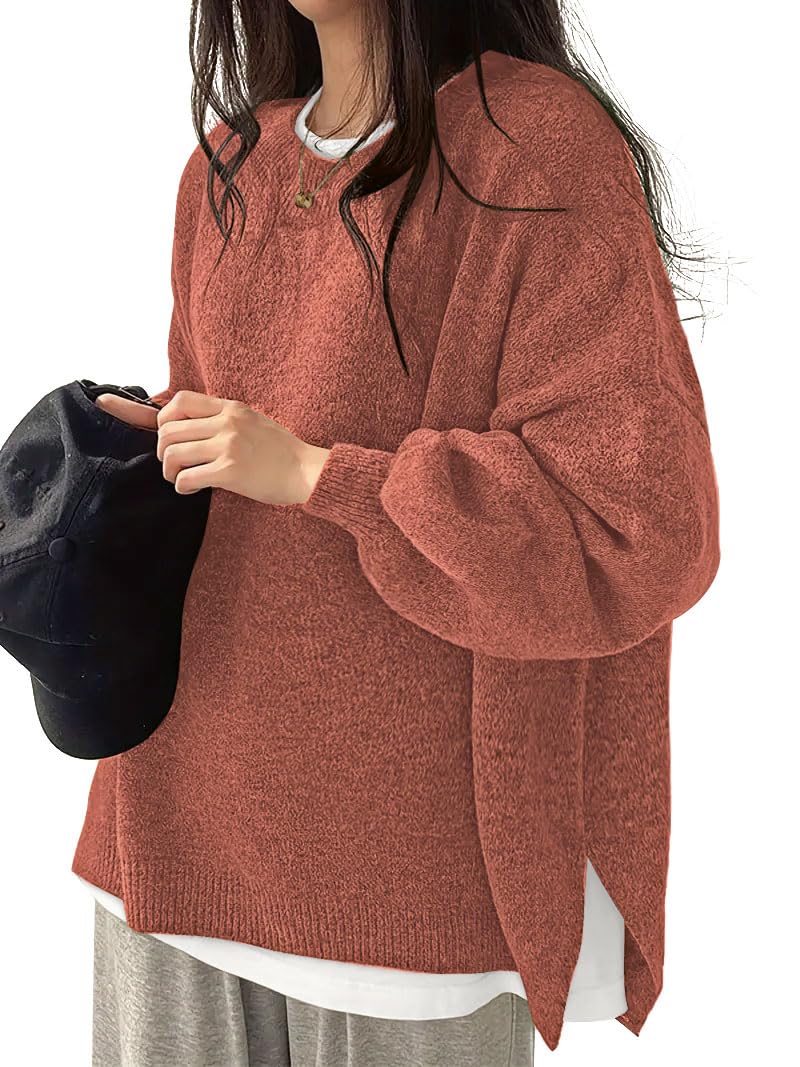 Womens Oversized Sweaters Fall Fashion Side Slit Ribbed Pullover Sweater
