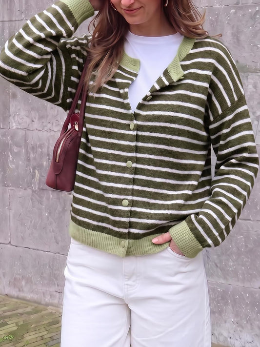 Cicy Bell Women Striped Cardigan Sweater Button Down Crewneck Knitwear