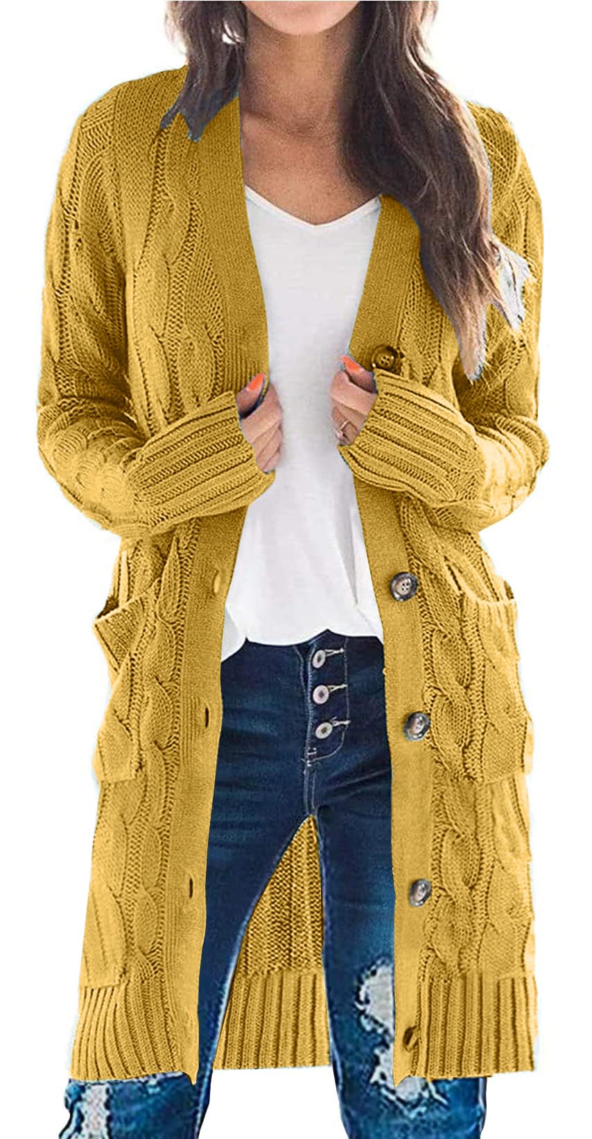 PRETTYGARDEN Womens Cable Knit Button Long Cardigan Sweaters
