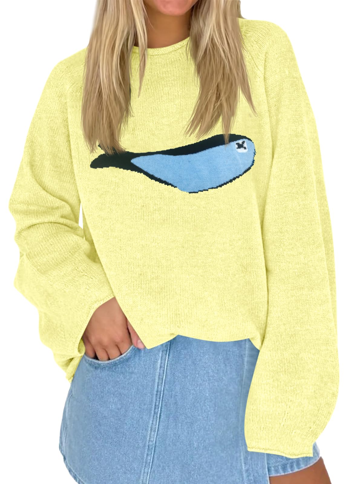 Tankaneo Womens Fish Graphic Oversized Sweaters Lightweight Knit Pullover