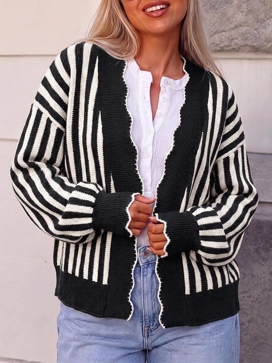 Flowyair Women's Striped Cardigan Sweater Open Front Ruffle Long Sleeve