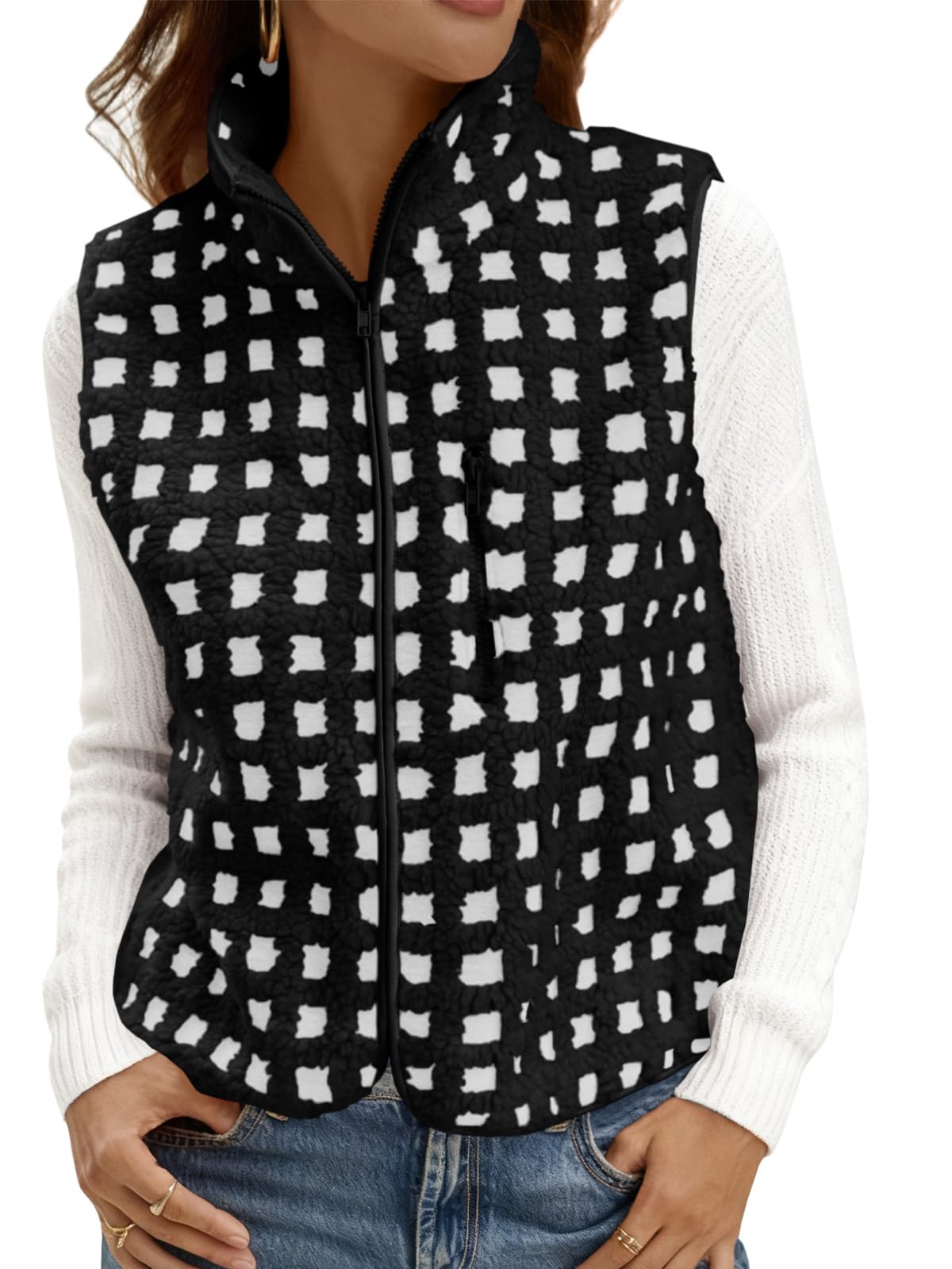 Tankaneo Womens Checkered Sherpa Vest Fleece Fuzzy Zip Up Sleeveless Jacket