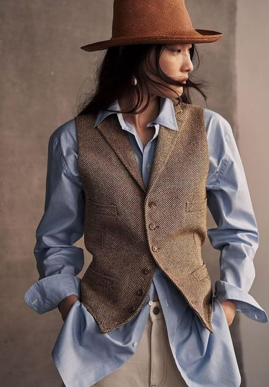 Women's Herringbone Tweed Waistcoat V-Neck Lapel Suit Vest