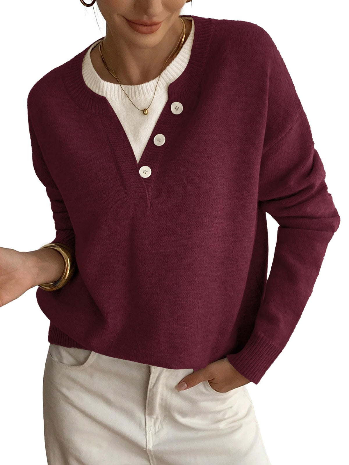 Womens Sweaters Casual Henley Neck Long Sleeve Pullover Tops 2026