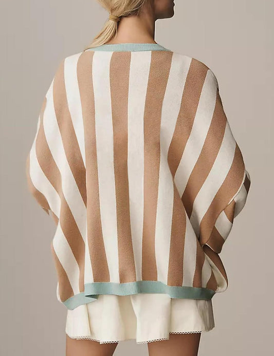 Women's Casual Loose Fit Striped Cardigan Long Balloon Sleeves Open Front Knit Sweater