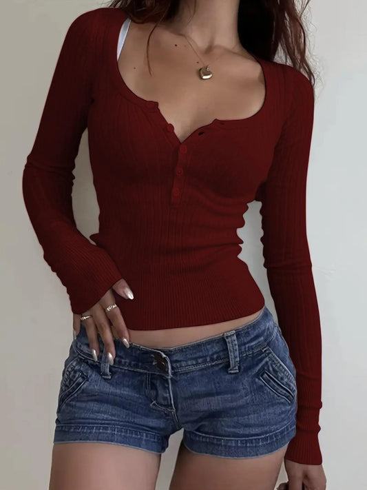 Women's Solid Button Front Scoop Neck Sweater, Casual Long Sleeve Knit Top Knitwear for Spring & Fall, Women's Clothes for Daily Wear