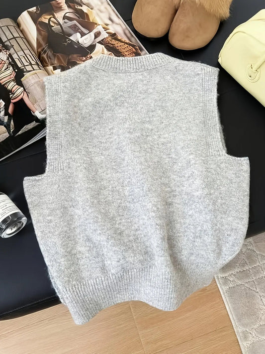 New Women's Slim Fit Short Sleeve Y2K Knit Vest Tops, Round Neck Plain Color Button Front, Casual Daily Wear, Spring Summer Fall Winter
