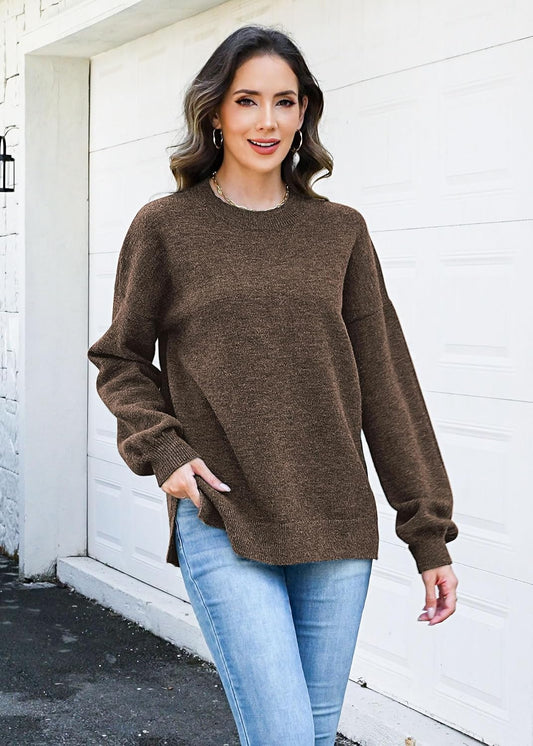 Womens Oversized Sweaters Fall Fashion Side Slit Ribbed Pullover Sweater