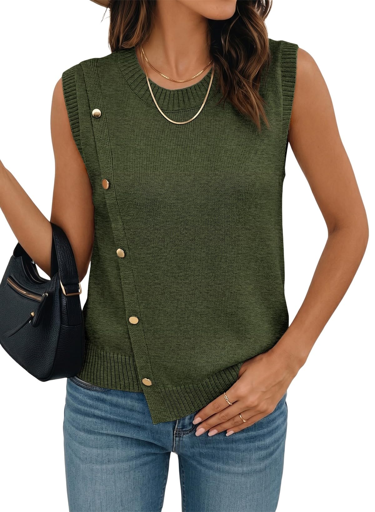 Pink Queen Women's Sleeveless Pullover Button Decor Knit Sweater Vest
