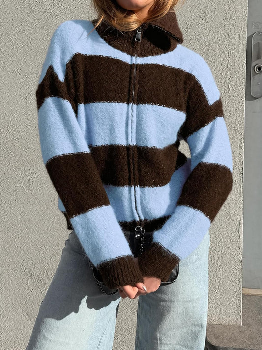 Cicy Bell Women Striped Color Block Cardigan Zip Long Sleeve Knit Sweater