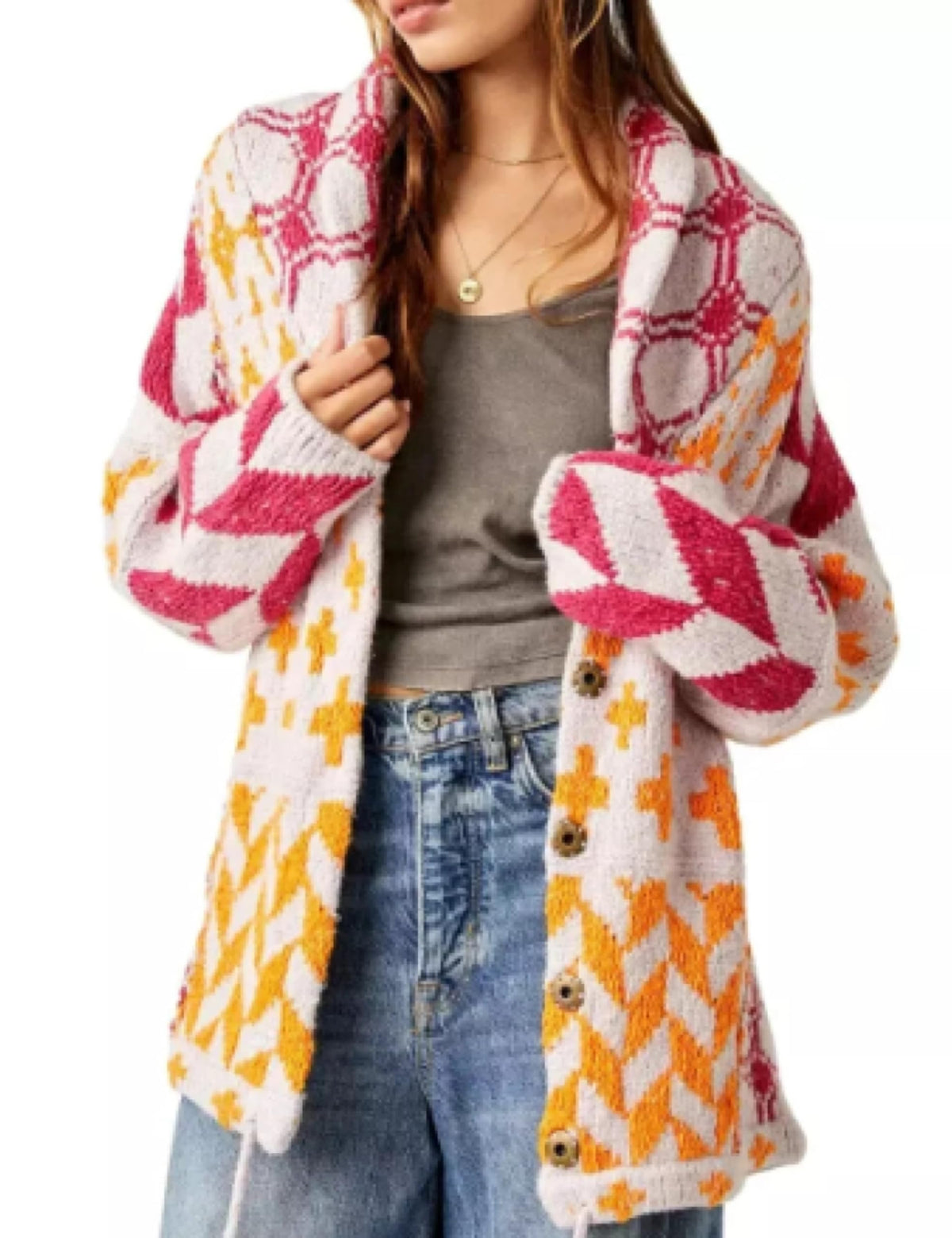 SKIKYAN Women Fall Sweater Cardigans Graphic Button Down Collar Knitwear Long Sleeve Oversized Y2K Print Coats