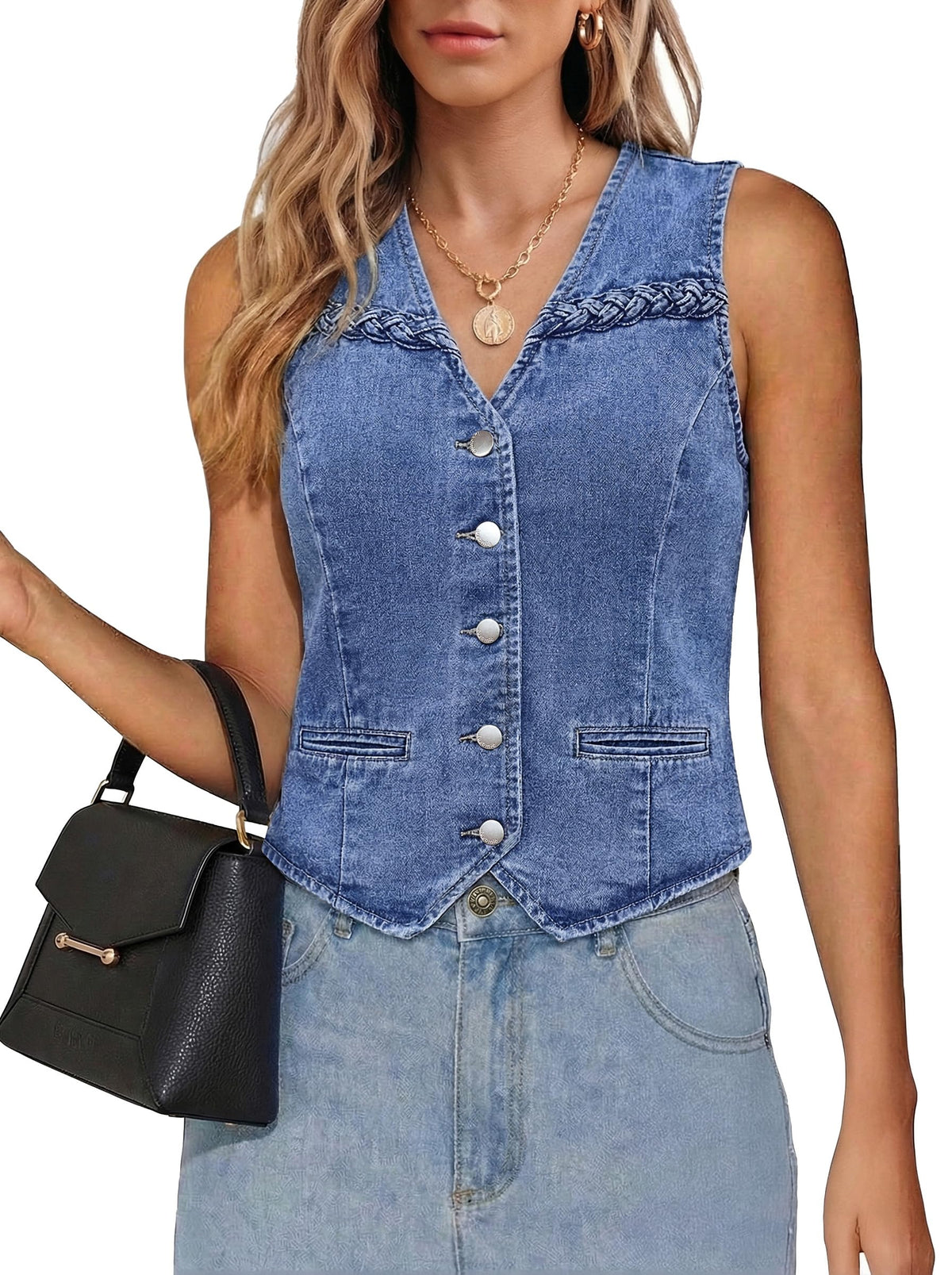 luvamia Denim Vest Women Trendy Button Down Braided Adjustable Waist Western Casual Sleeveless Jean Waistcoat Vests Top