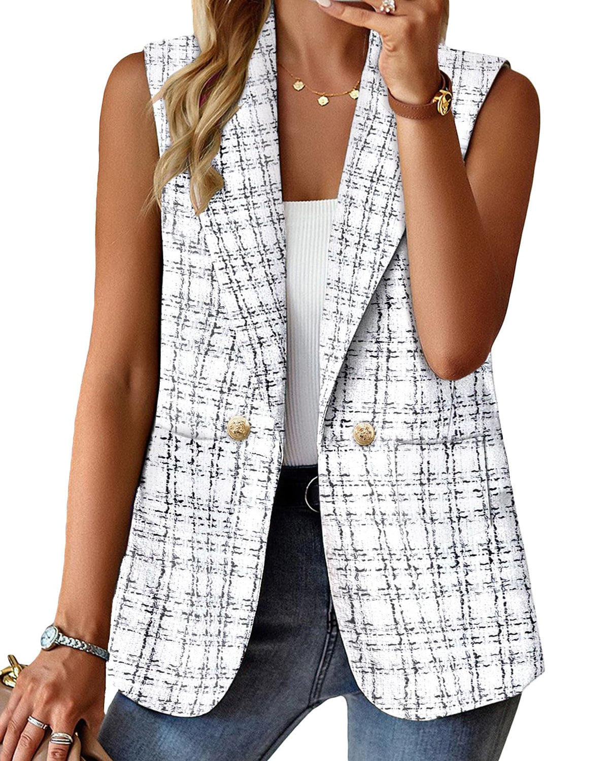 Mina Self Women's Sleeveless Vest Tops Open Front Lightweight Blazer Jacket