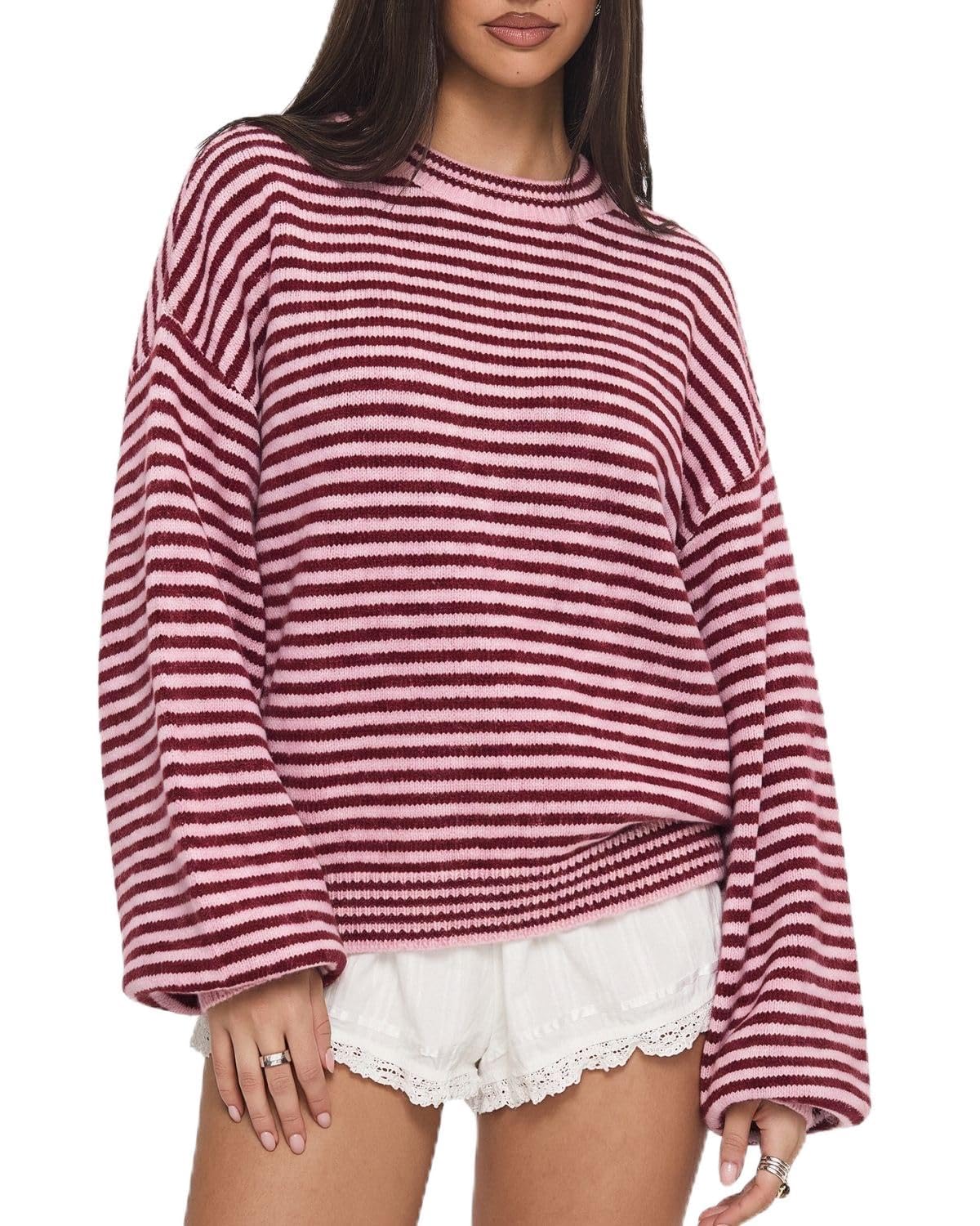 QINSEN Women's Crewneck Oversized Sweater Striped Long Sleeve Pullover Top