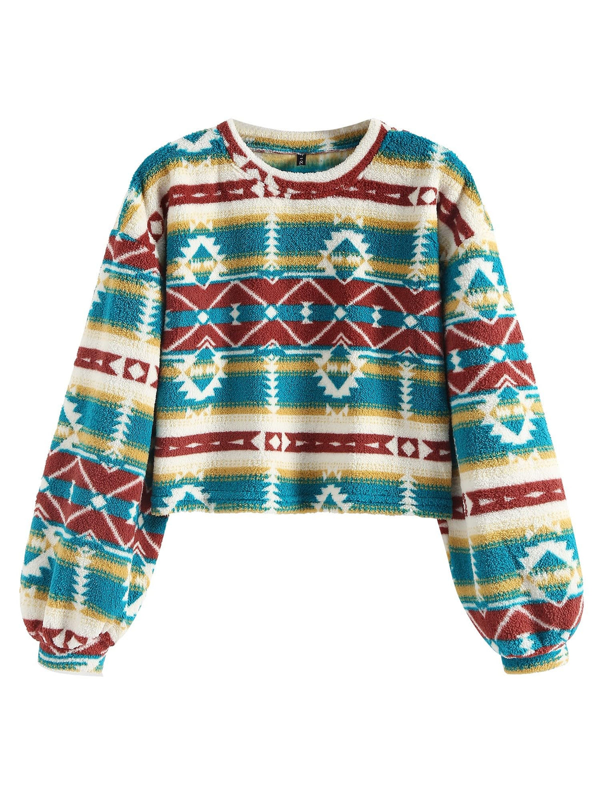 ZAFUL Women's Tribal Ethnic Graphic Cropped Knitwear Bohemian Long Sleeve Pullover Sweater Boho Drop Shoulder Knitted Top