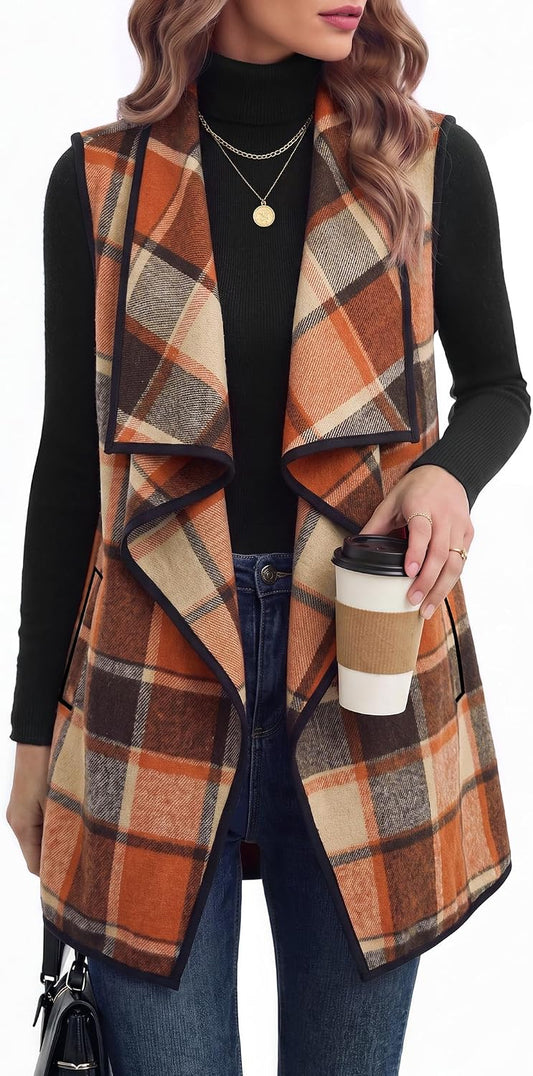 Zeagoo Women Vest Long Plaid Jackets Sleeveless Flannel Coats with Pockets