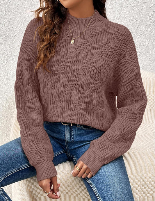 Womens Dressy Mockneck Cable Knit Long Sleeve Sweater Fall 2026 Oversized Chunky Ribbed Cuffs Knit Pullover