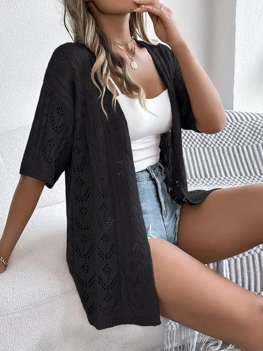 【Plus Size】 Solid Lace Hole Design Knitting Cardigan, Elegant Casual Open Front Loose Fit Short Sleeve Knitwear for Daily Wear, Casual Chic Knitwear, Women's Plus Clothing for All Seasons, Tops