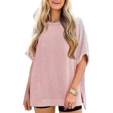 Danedvi Plus Size Oversized Knit Tunic Top Casual Summer Tee for Curvy Women - Soft Stretch Round Neck, Short Batwing/Dolman Sleeves, Side Slits, Striped or Solid Options, S-3XL Everyday Fashion