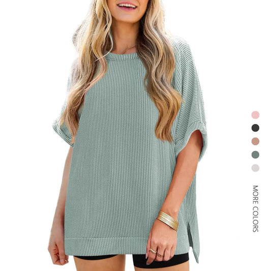 Danedvi Plus Size Oversized Knit Tunic Top Casual Summer Tee for Curvy Women - Soft Stretch Round Neck, Short Batwing/Dolman Sleeves, Side Slits, Striped or Solid Options, S-3XL Everyday Fashion