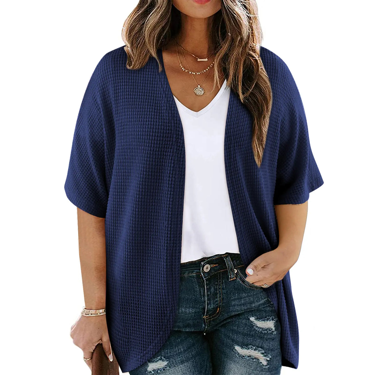 Eytino Womens Plus Size Cardigan Casual Short Sleeve Waffle Knit Kimono Open Front Tops(1X-5X)