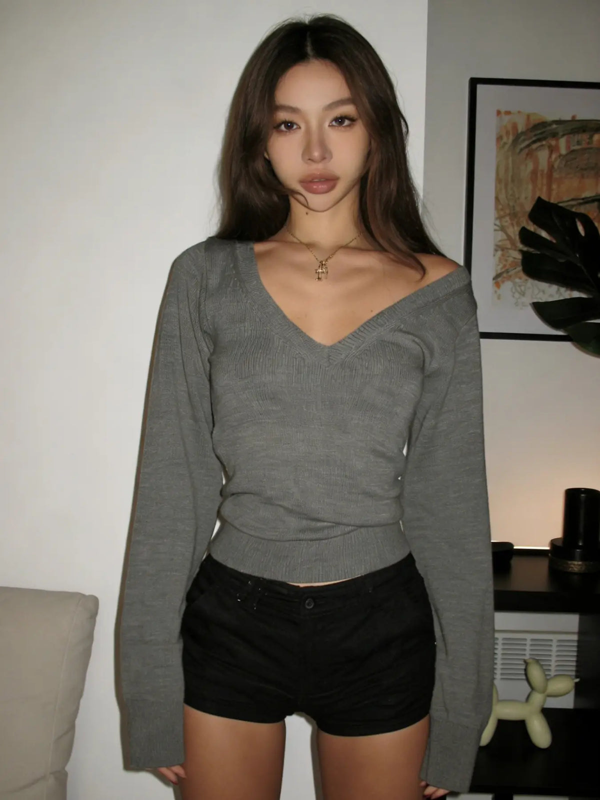 Fashion Basic Fall Winter Vintage V Neck Knitted Sweater Women Casual College Style Lantern Sleeve Long Sleeve Slim Fit Pullover Knitwear Cozy Fall Pullover