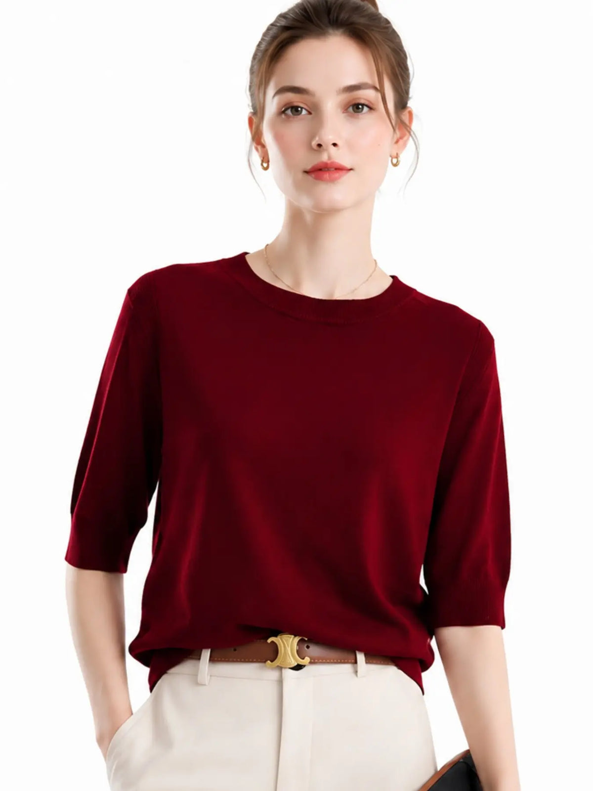 New Cross-Border Fine Knit Round Neck Basic T-Shirt, Women's Mid- Sleeve Knitted Top, Fashion Casual Comfortable Shirt, Soft Smooth Four Seasons Wear, Knitwear, Daily Wear Knitwear