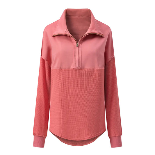 Shewin Women's Half-Zip Waffle Knit Collared Neck Longsleeves Pullovers - Oversized Cotton Polyester Soft Casual Tops for Sports, Plus Size Tops 2XL (Back to School, Vacation Use)