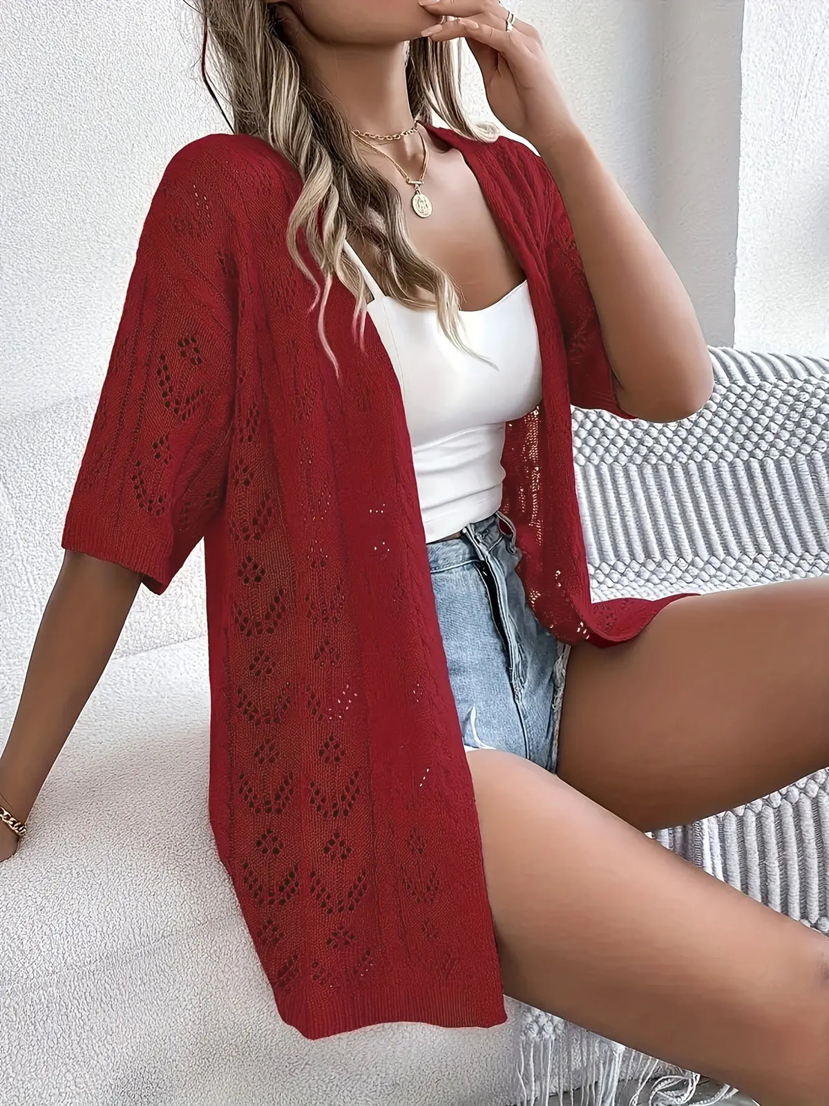 【Plus Size】 Solid Lace Hole Design Knitting Cardigan, Elegant Casual Open Front Loose Fit Short Sleeve Knitwear for Daily Wear, Casual Chic Knitwear, Women's Plus Clothing for All Seasons, Tops
