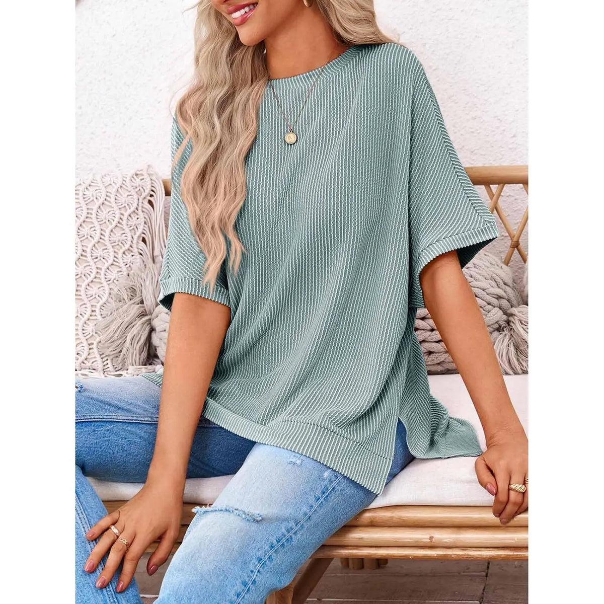 Danedvi Plus Size Oversized Knit Tunic Top Casual Summer Tee for Curvy Women - Soft Stretch Round Neck, Short Batwing/Dolman Sleeves, Side Slits, Striped or Solid Options, S-3XL Everyday Fashion
