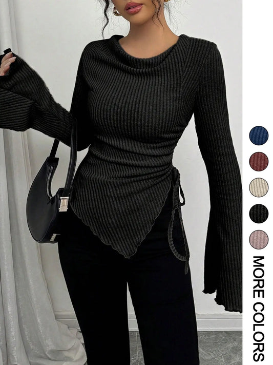 Women's Simple Basic Long Sleeve Knit T-Shirt for Fall & Winter, Slim-Fitting Casual Top, Comfortable and Fashionable Everyday Wear, Soft Knitting Tops